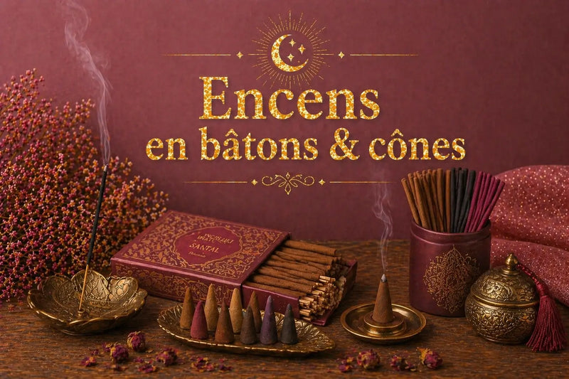 Collection d'Encens en bâtons & cônes présentant des bâtons et des cônes d'encens, décorés de fleurs sèches, dans une ambiance chaleureuse et apaisante.