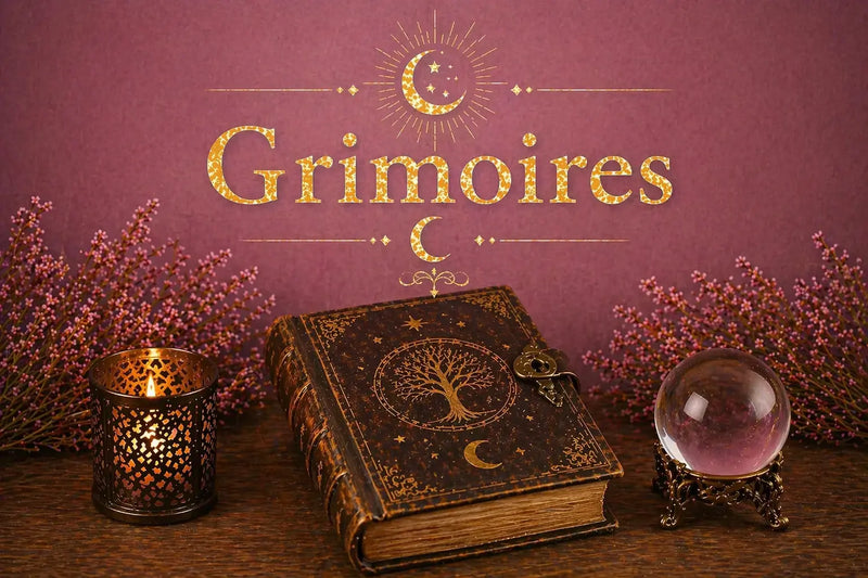 Image de collection Grimoires avec livre ancien, bougie, boule de cristal et fleurs sur fond violet rosé, dans une ambiance mystique.