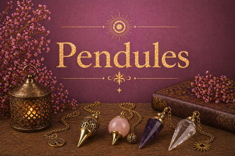 Image ésotérique avec le titre doré « Pendules », des pendules en pierres, une lanterne, des fleurs et un grimoire sur fond violet rosé.