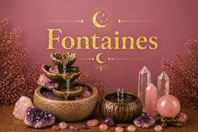 Image de collection Fontaines avec fontaine décorative, cristaux, pierres roses et améthystes sur fond violet rosé.