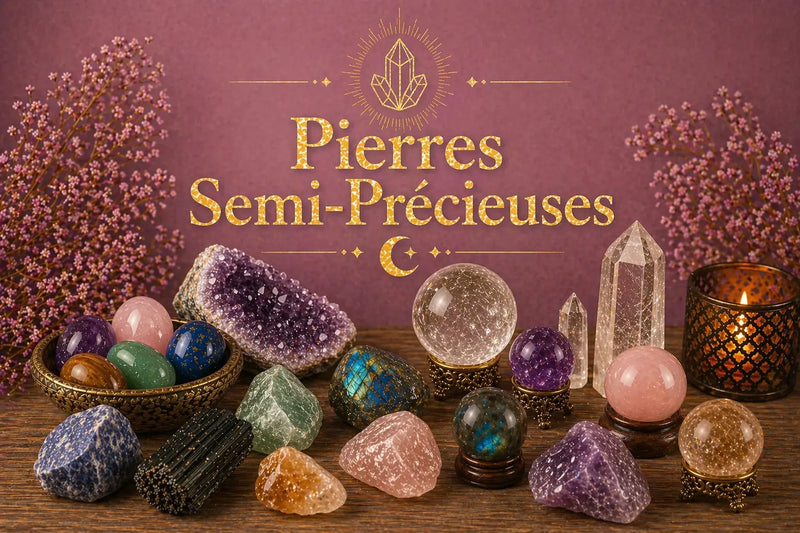 Image de collection Pierres Semi-Précieuses avec cristaux, pierres polies, géodes et boules minérales sur fond violet rosé, dans une ambiance douce et ésotérique.