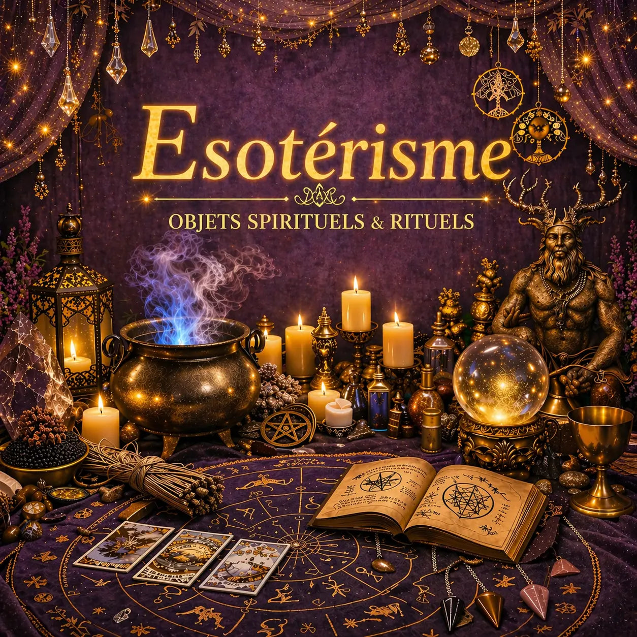 Pierres naturelles et cristaux présentés sur une table en bois avec quartz, améthyste, labradorite, cœur en quartz rose, lanternes, bougies, lampe de sel et arbres de vie, dans une ambiance mystique aux tons dorés et bleu canard.