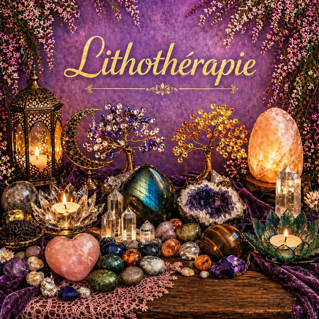 Scène ésotérique aux tons dorés montrant un chaudron fumant, des bougies, une boule de cristal, un grimoire ouvert, des cartes et un tapis de voyance bleu, entourés d’objets rituels sous le titre “Accessoires ésotériques & objets spirituels & rituels”.