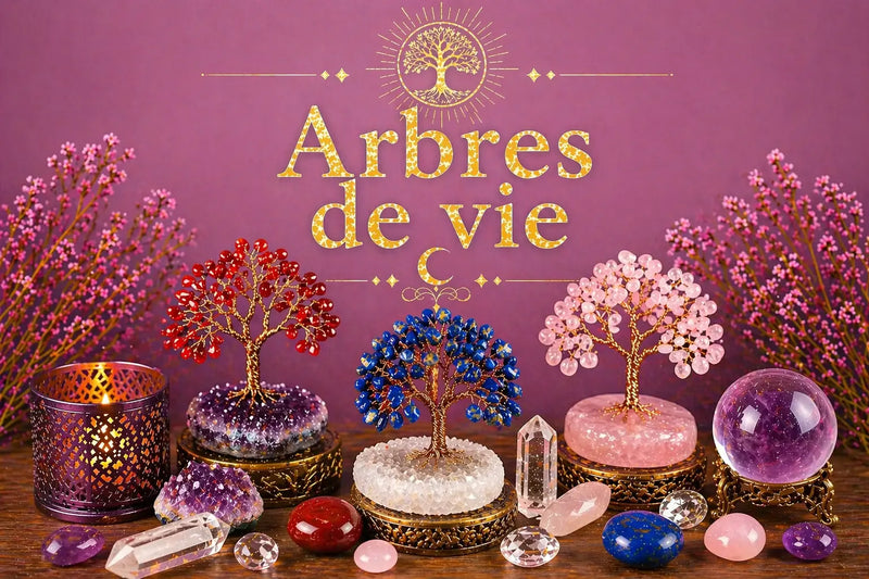 Image de collection Arbres de vie avec arbres en cristaux colorés, pierres naturelles, bougie et boule de cristal sur fond violet rosé.