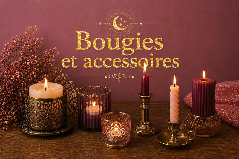 Image de collection Bougies et accessoires avec bougie, pierres, objets dorés et accessoires rituels sur fond violet rosé.