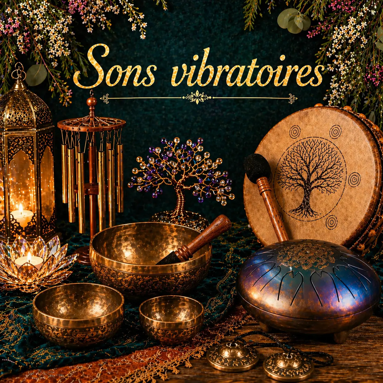 Bannière ésotérique “Sons sacrés & vibrations” avec bols tibétains, steel tongue drum, tambour, carillon, lanternes et bougies dans une mise en scène colorée aux tons bleu canard et dorés.