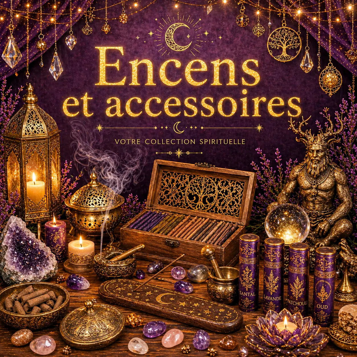 Image de collection Encens et accessoires avec porte-encens, résines, fumée, cristaux et objets dorés sur fond violet rosé.