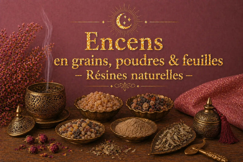 Collection d'Encens en grains, poudres & feuilles – Résines naturelles, illustrant divers encens, résines et ingrédients aromatiques, créant une ambiance chaleureuse et olfactive unique.