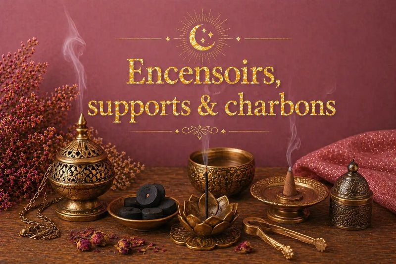 Collection d'Encensoirs, supports & charbons avec différents modèles en laiton et fer, accompagnés de charbons et d'encens, idéale pour créer une ambiance chaleureuse.