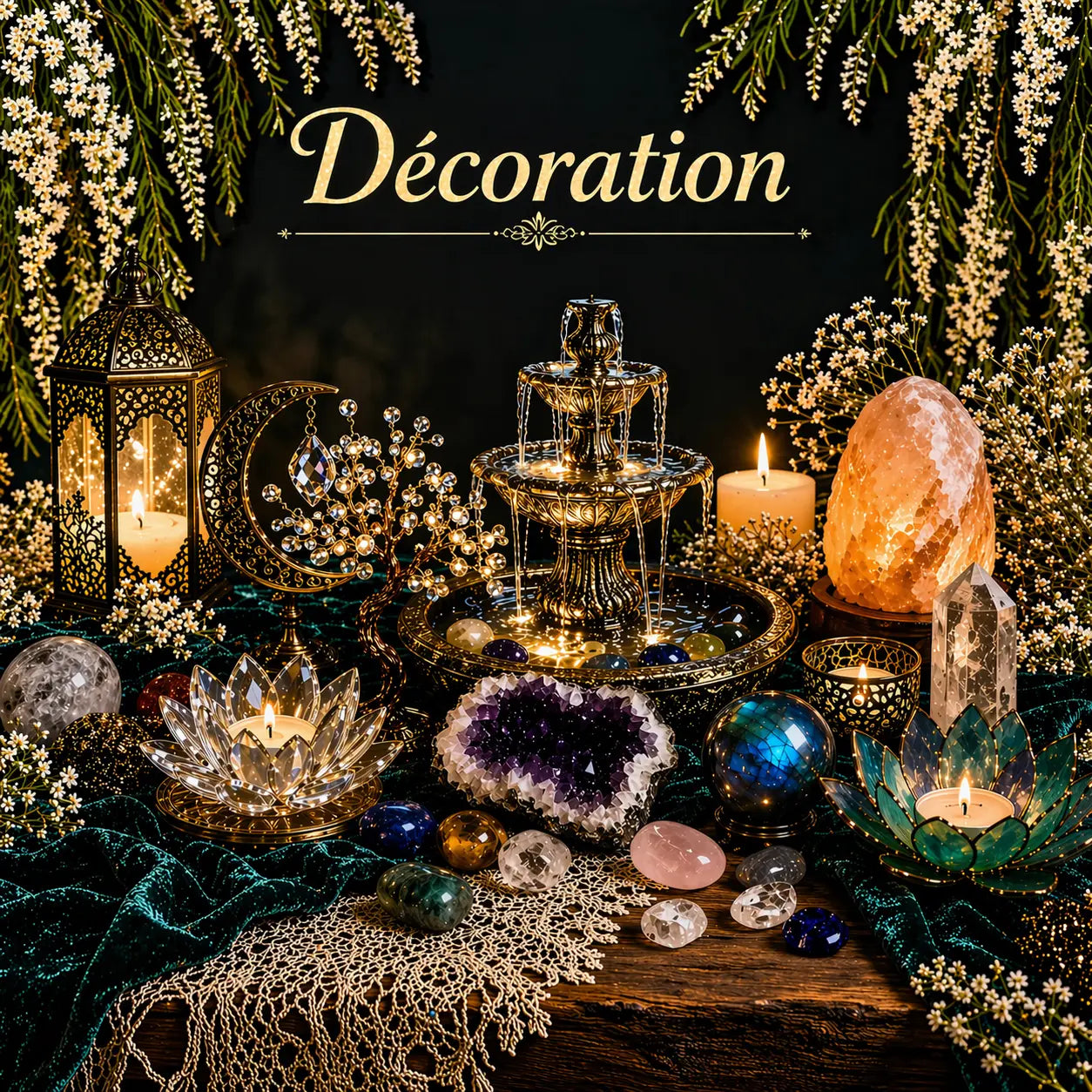 Mise en scène de décoration spirituelle avec fontaine dorée, lanternes, bougeoirs lotus, cristaux, géode d’améthyste, sphère de labradorite et lampe de sel, sous des fleurs blanches suspendues, avec le titre “Décoration & ambiances énergétiques”.