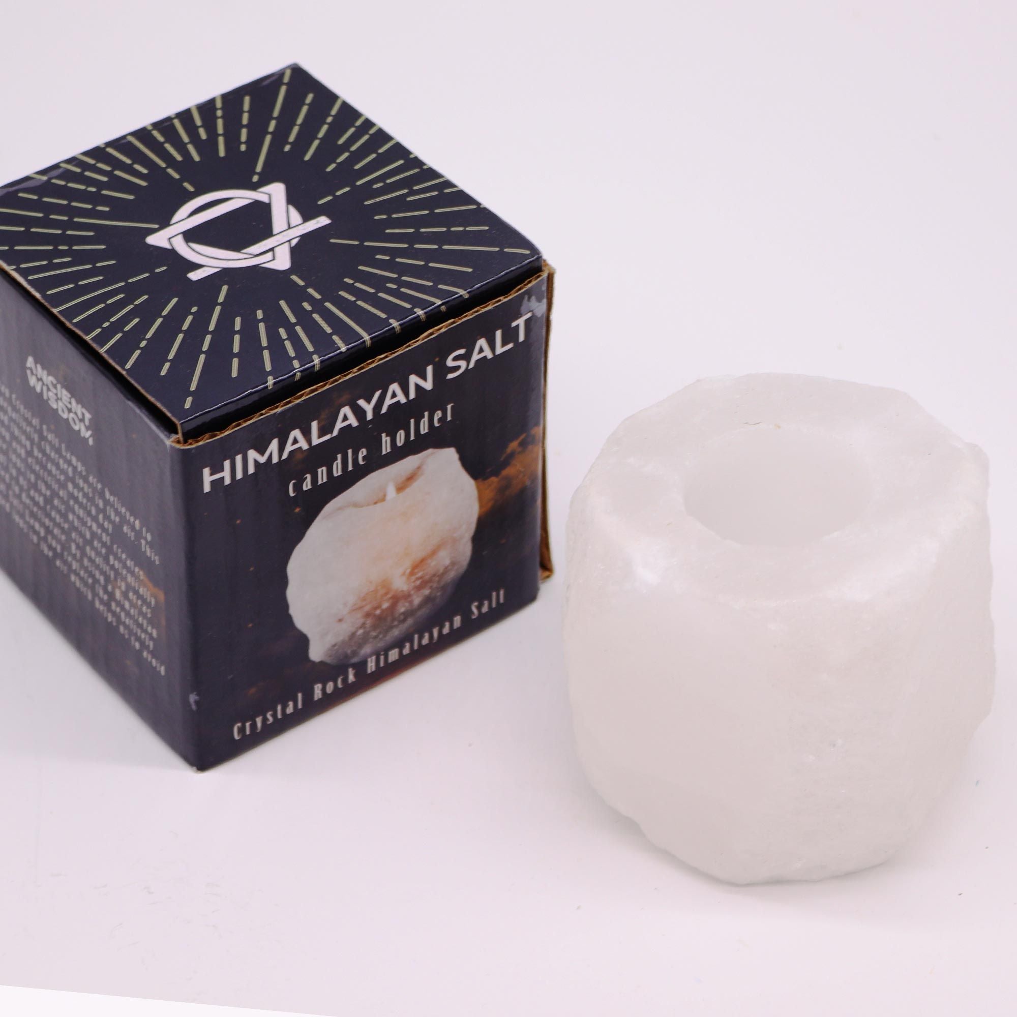 Bougeoir en sel de l’Himalaya blanc, présenté avec sa boîte, idéal pour une décoration naturelle et apaisante.