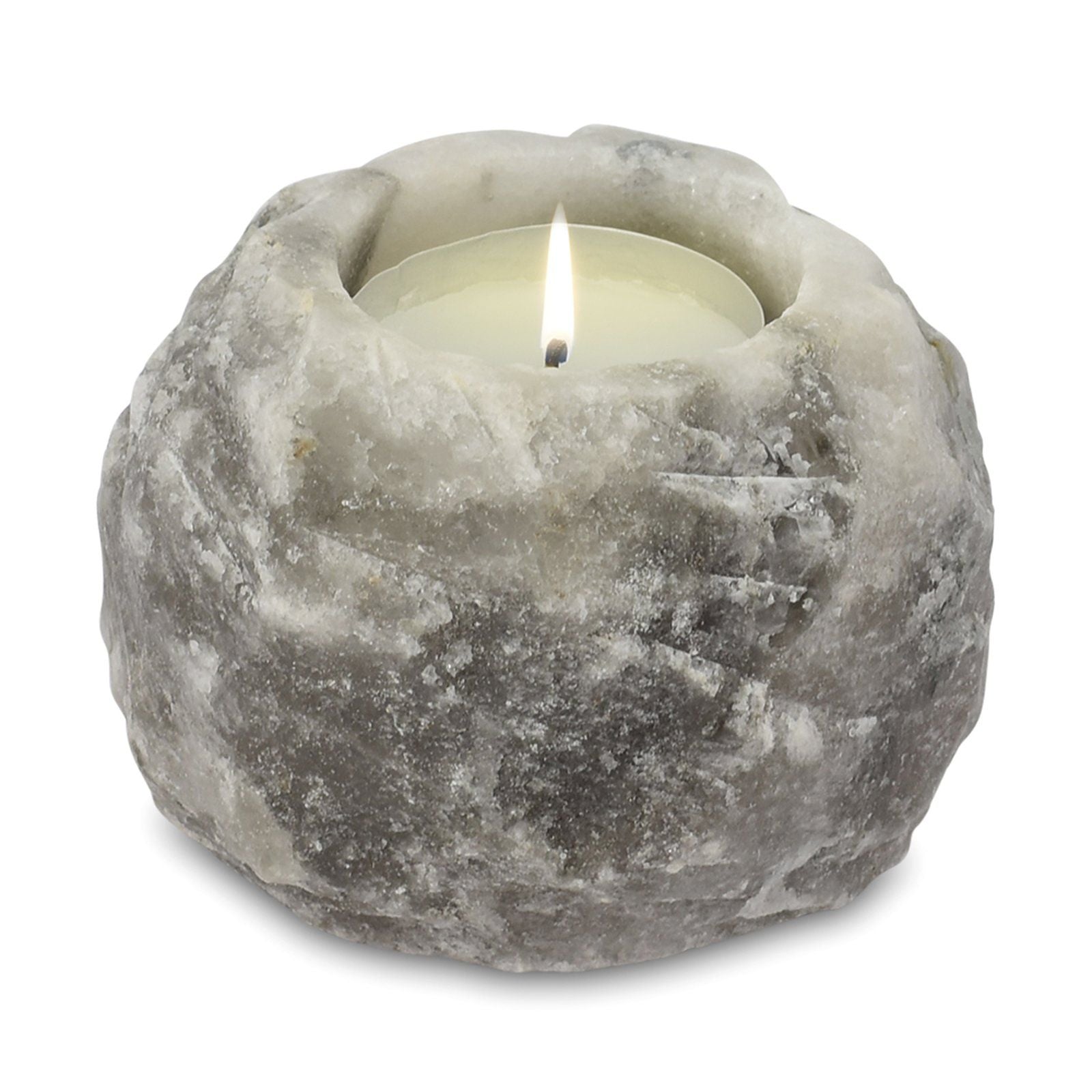 Bougeoir en sel gris naturel avec bougie allumée, parfait pour une ambiance douce, chaleureuse et apaisante.