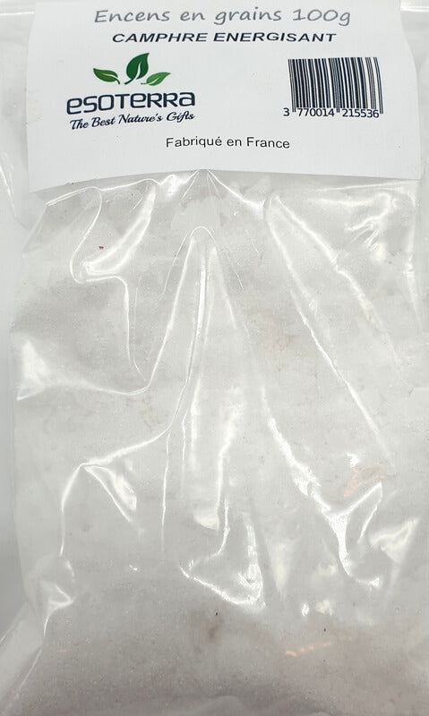 Camphre synthétique ESOTERRA concassé et emballé en lot de 100 g. Un produit à brûler provenant de Chine, destiné aux usages de fumigation indiqués.