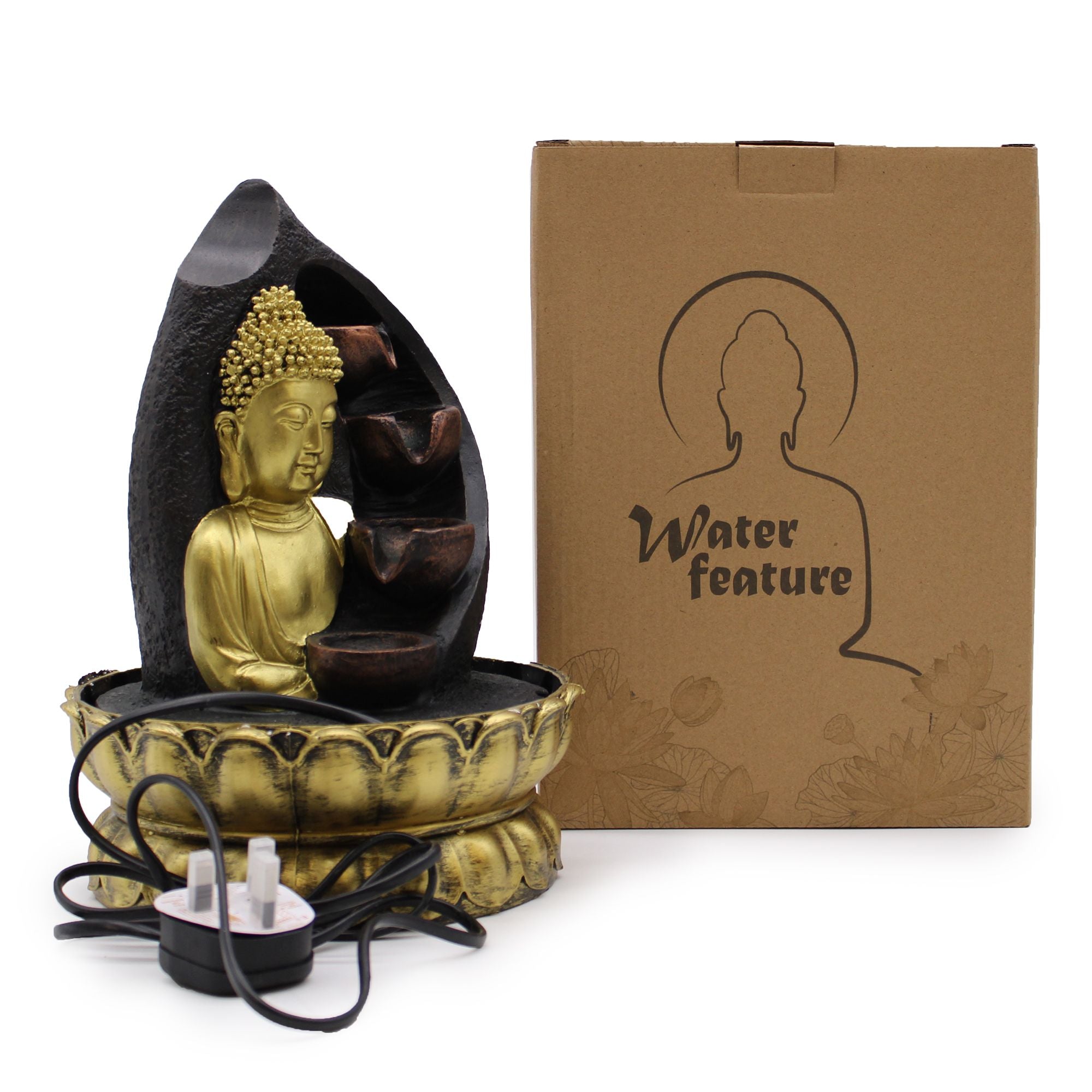 Fontaine d’intérieur Bouddha doré avec pots verseurs, livrée avec câble d’alimentation et boîte d’emballage.