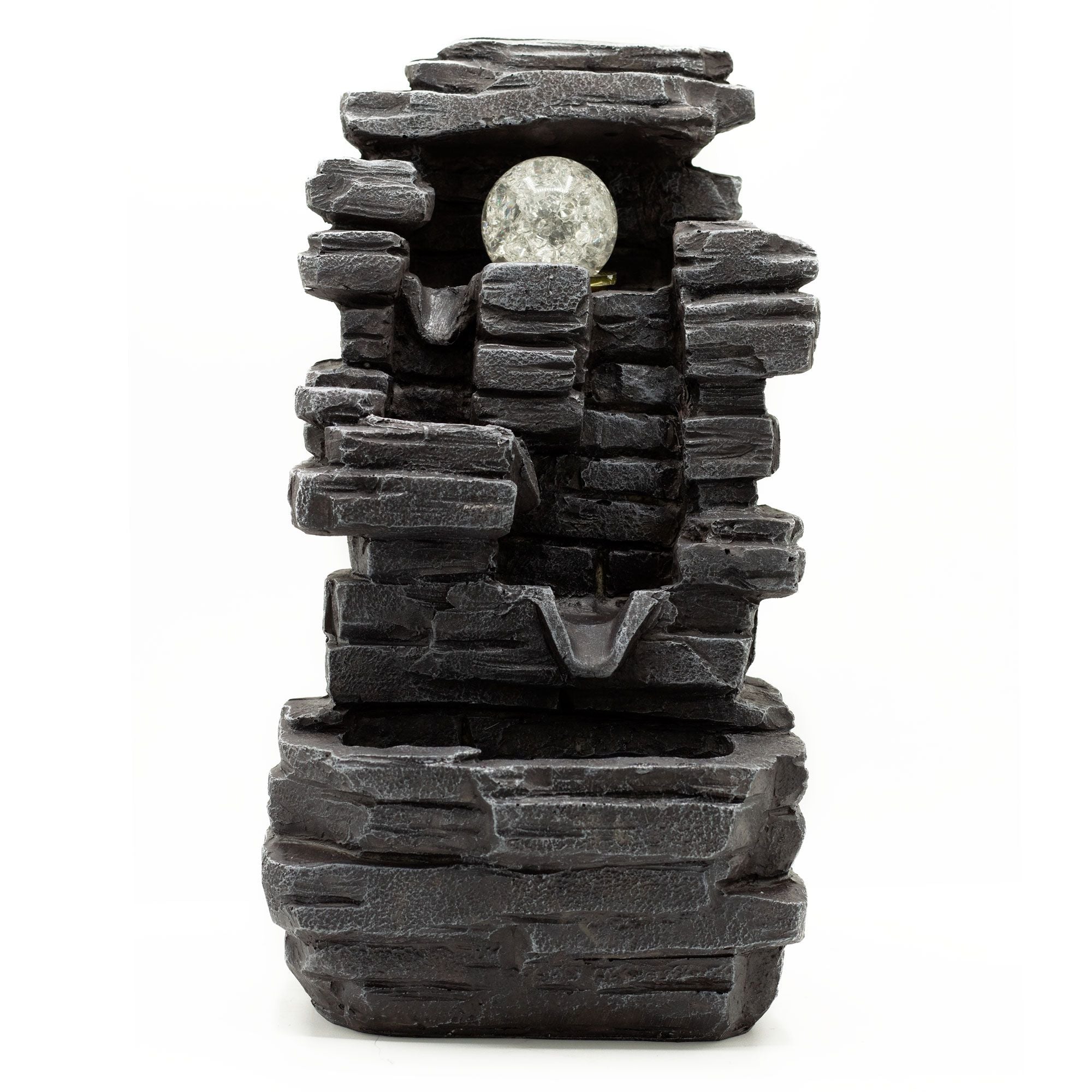 Fontaine d’intérieur effet roche anthracite avec boule cristal, idéale pour une décoration zen et apaisante.