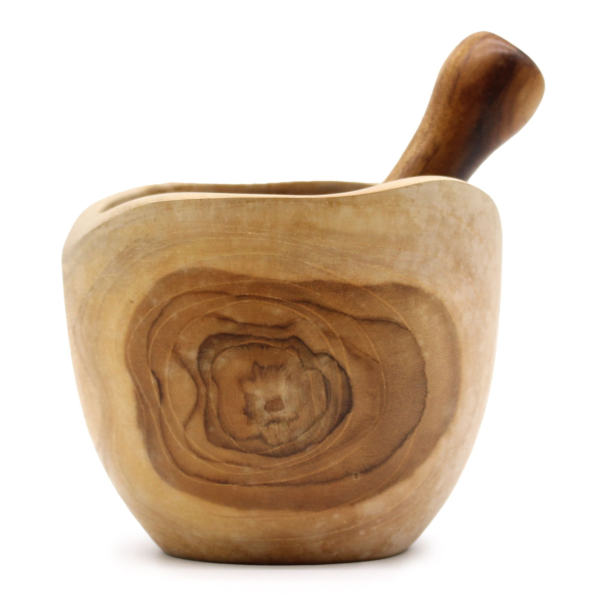 Grand mortier et pilon ergonomique en bois de teck, au format 12 x 12 cm. Un accessoire naturel, pratique et chaleureux pour la cuisine.