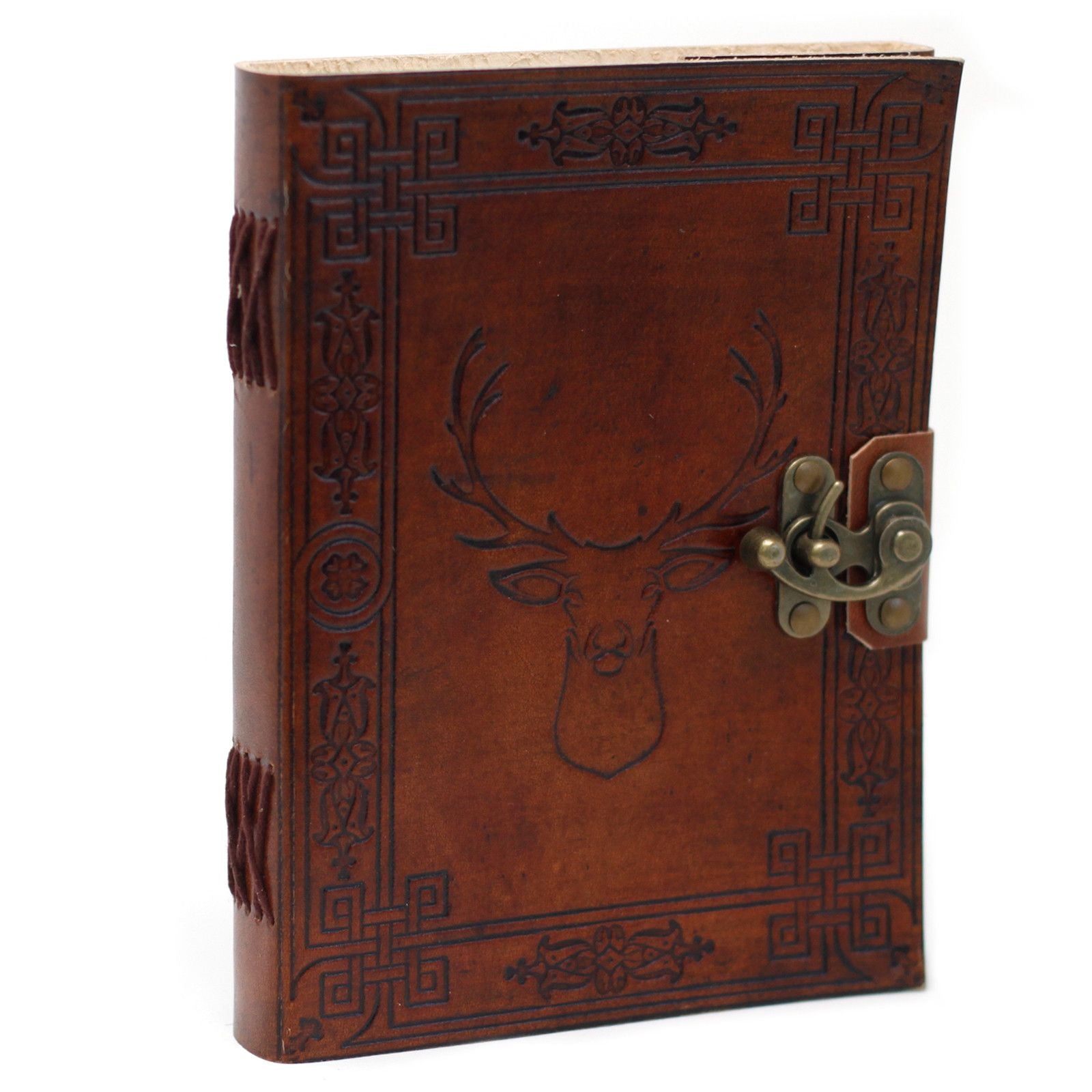 Journal/grimoire en cuir avec motif cerf, fermeture à boucle et 200 pages en papier. Un carnet élégant et pratique pour écrire, dessiner, tenir un journal ou offrir.