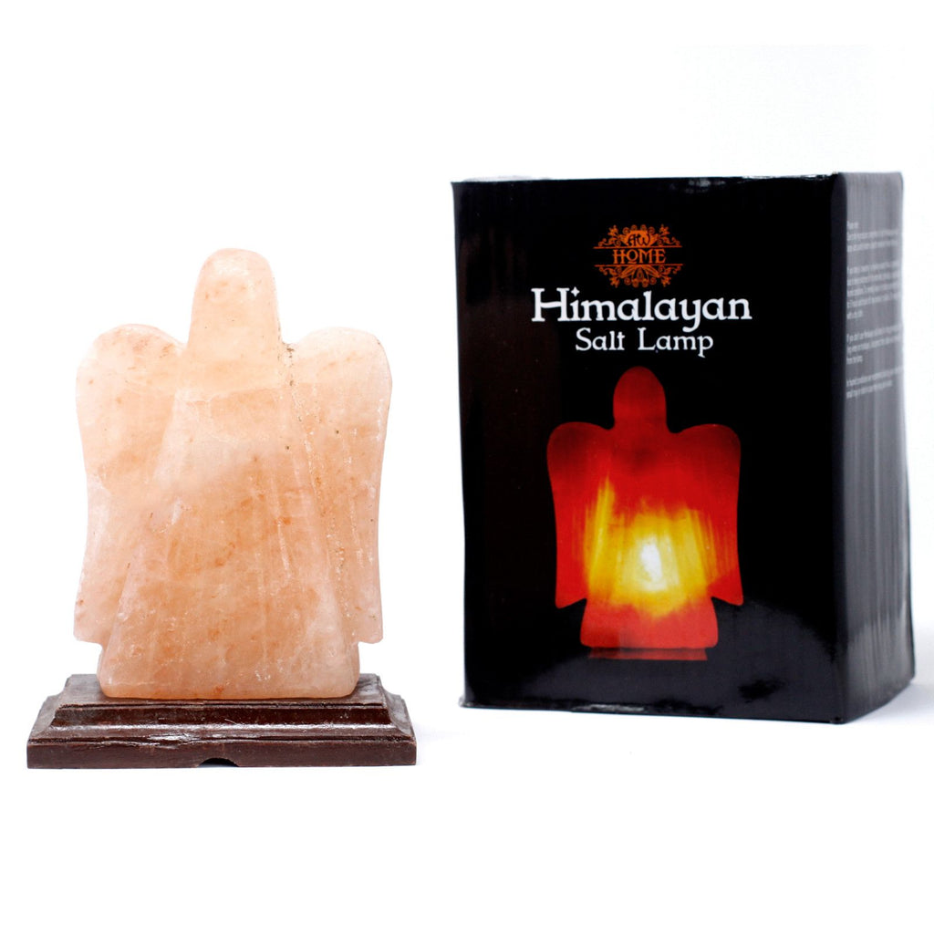 Lampe en sel de l’Himalaya en forme d’ange, présentée avec sa boîte, idéale pour une décoration douce et apaisante.