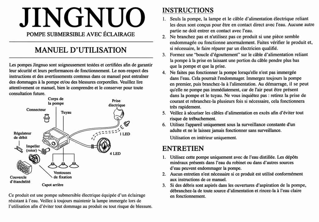 Notice en français pour pompe submersible JINGNUO avec éclairage, consignes d’utilisation et entretien.