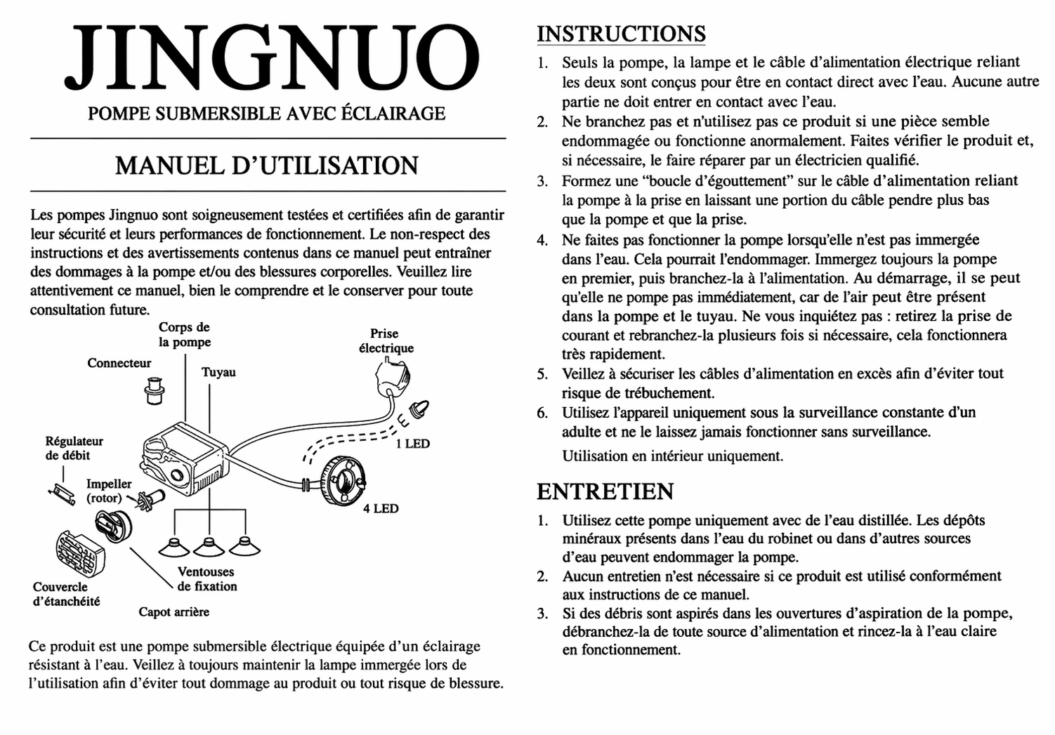 Notice en français pour pompe submersible JINGNUO avec éclairage, consignes d’utilisation et entretien.