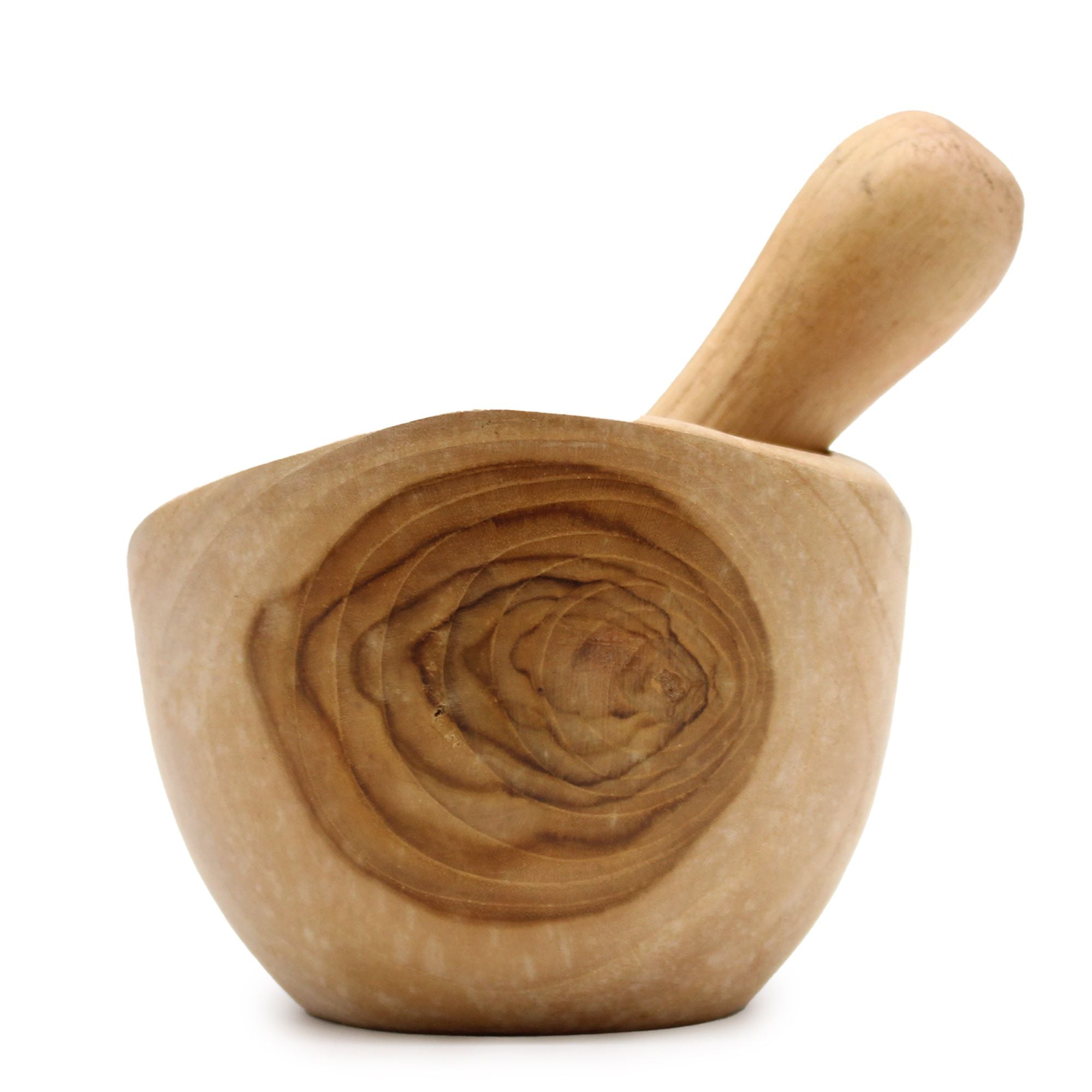 Mortier et pilon ergonomique moyen en bois de teck, au format 11 x 11 x 5 cm. Un accessoire de cuisine naturel, pratique et décoratif.