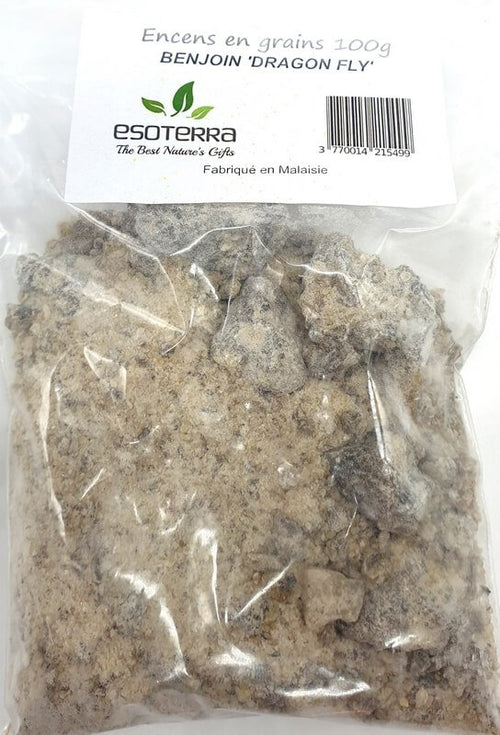Résine naturelle de Benjoin Blanc Dragon Fly ESOTERRA, concassée, emballée et prête à la vente en lot de 100 g. Provenance Indonésie.