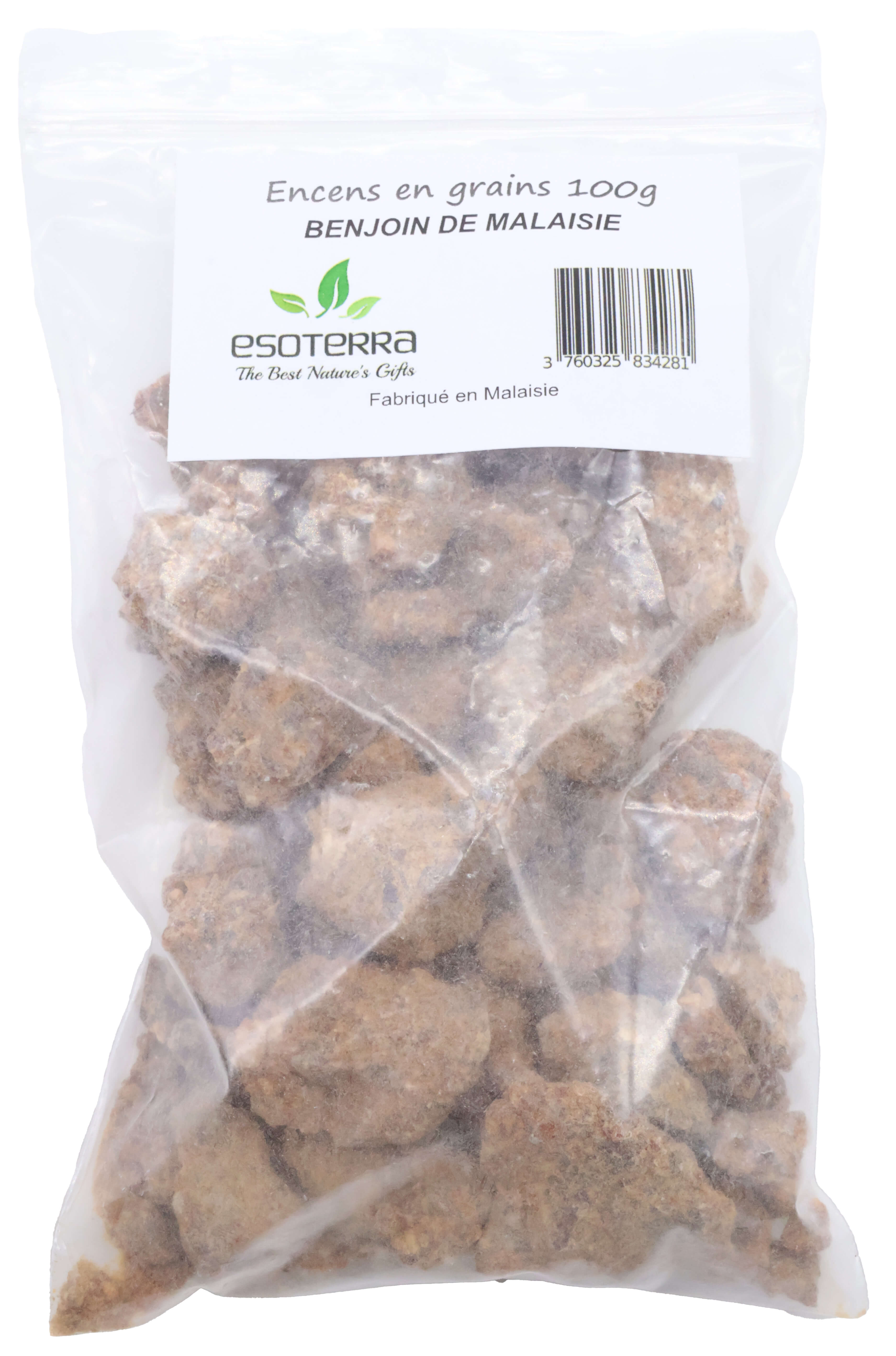 Résine naturelle de Benjoin de Malaisie ESOTERRA, concassée, emballée et prête à la vente en lot de 100 g. Provenance Laos.