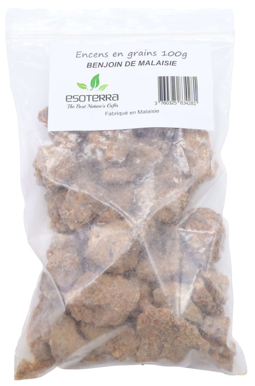 Résine naturelle de Benjoin de Malaisie ESOTERRA, concassée, emballée et prête à la vente en lot de 100 g. Provenance Laos.