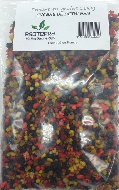Résine naturelle Bethléem ESOTERRA, concassée, emballée et prête à la vente en lot de 100 g. Une résine à brûler provenant de France.
