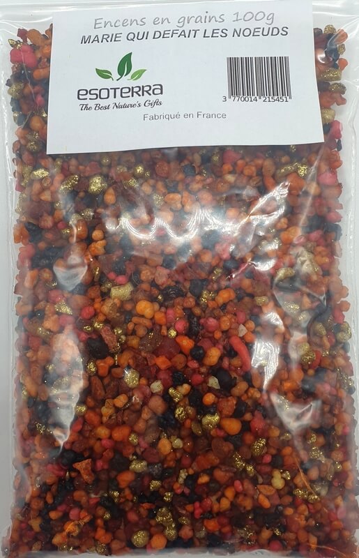 Résine naturelle Marie qui Défait les Nœuds ESOTERRA, concassée, emballée et prête à la vente en lot de 100 g. Provenance France.