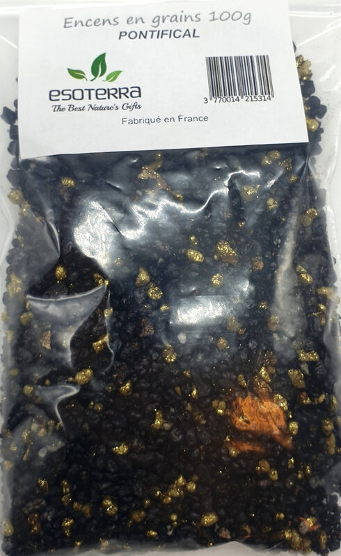 Résine naturelle Pontifical ESOTERRA, concassée, emballée et prête à la vente en lot de 100 g. Provenance France.