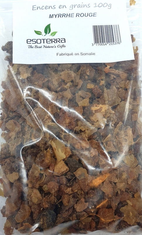Résine naturelle de Myrrhe concassée, emballée et prête à la vente en lot de 100 g. Une résine aromatique authentique provenant de Somalie.