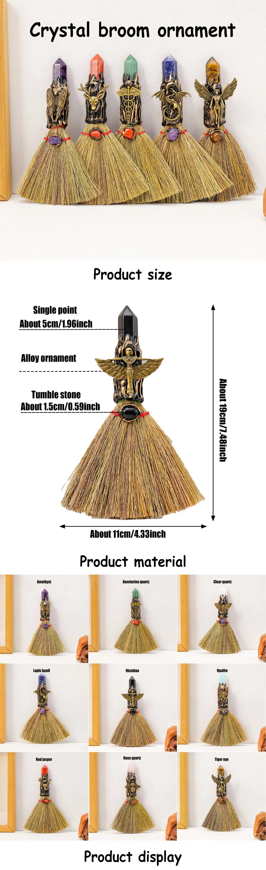 Vue détaillée du Mini Balai De Sorcière En pierre Naturelle - Purification Énergétique, mettant en avant les matériaux de qualité pour le nettoyage énergétique. Balai de purification, balai pierre naturelle, pierres naturelles, cristaux naturels.
