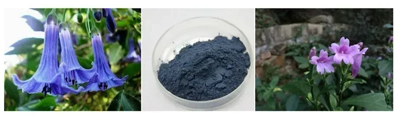 Poudre de pigment indigo naturel 50g-1000g, image montrant des fleurs et de la poudre bleue d'indigo, illustrant l'origine naturelle de la teinture.