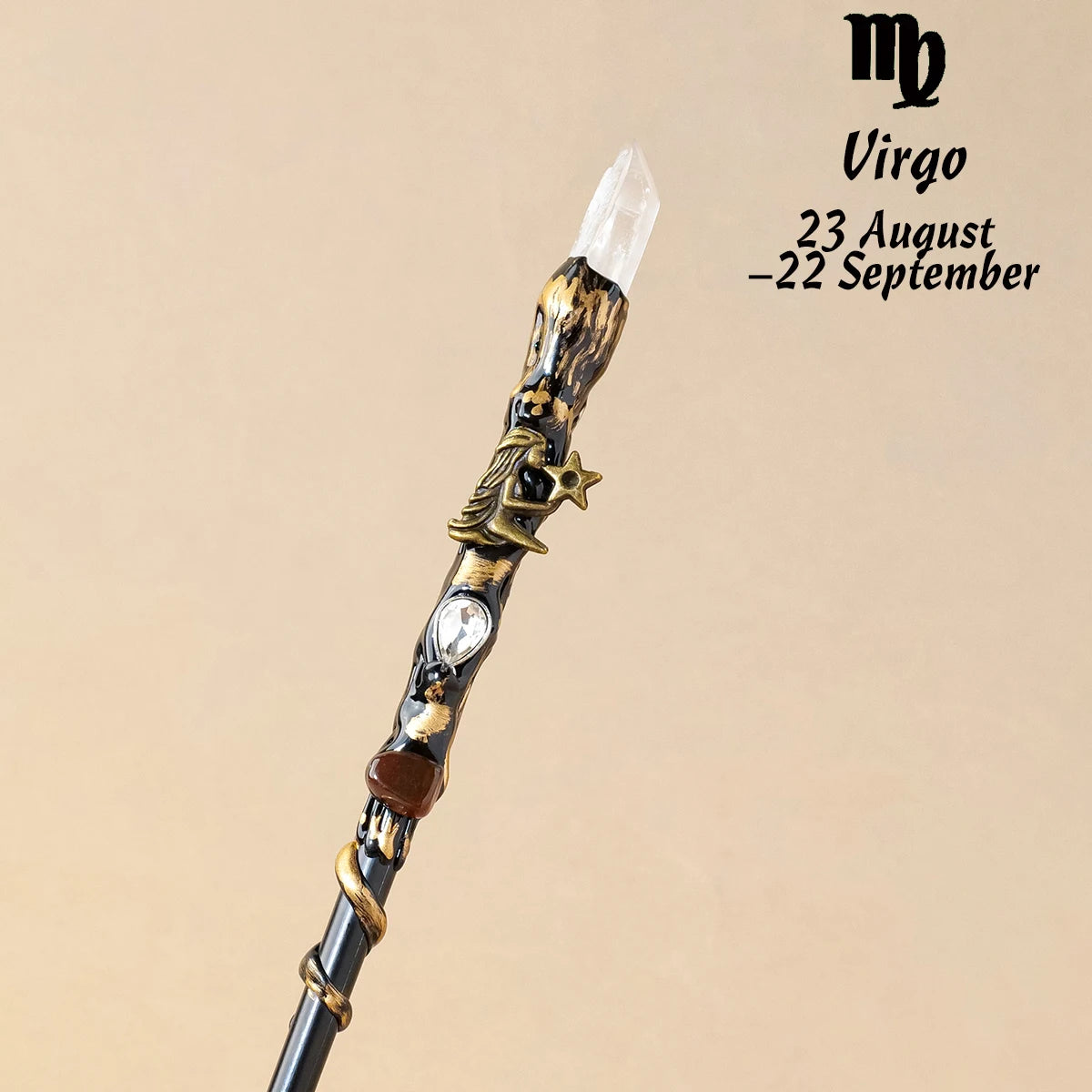 Bâton magique en cristal clair du zodiaque pour la Vierge, pour les dates du 23 août au 22 septembre, disponible chez Aemilia Mystica, 1PC Natural Zodiac Clear Quartz Crystal Point Magic Wand.