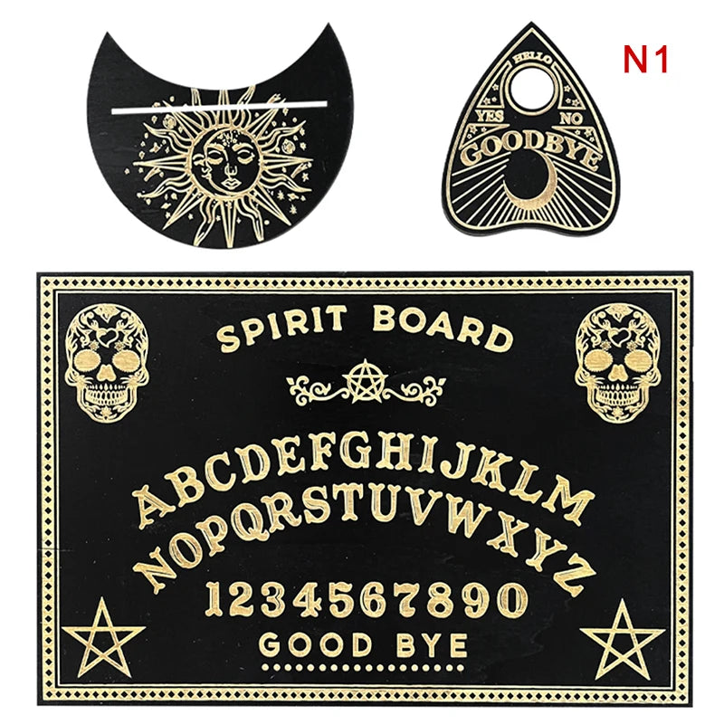 Planche Ouija en Bois de 30 cm avec Motifs Mystiques, illustrant des designs symboliques. Cet accessoire rituel est parfait pour les explorations spirituelles et les révélations mystiques.