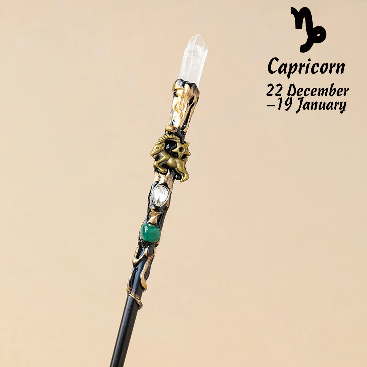 Bâton magique en cristal clair du zodiaque pour le Capricorne, couvrant les dates du 22 décembre au 19 janvier, disponible chez Aemilia Mystica, 1PC Natural Zodiac Clear Quartz Crystal Point Magic Wand.