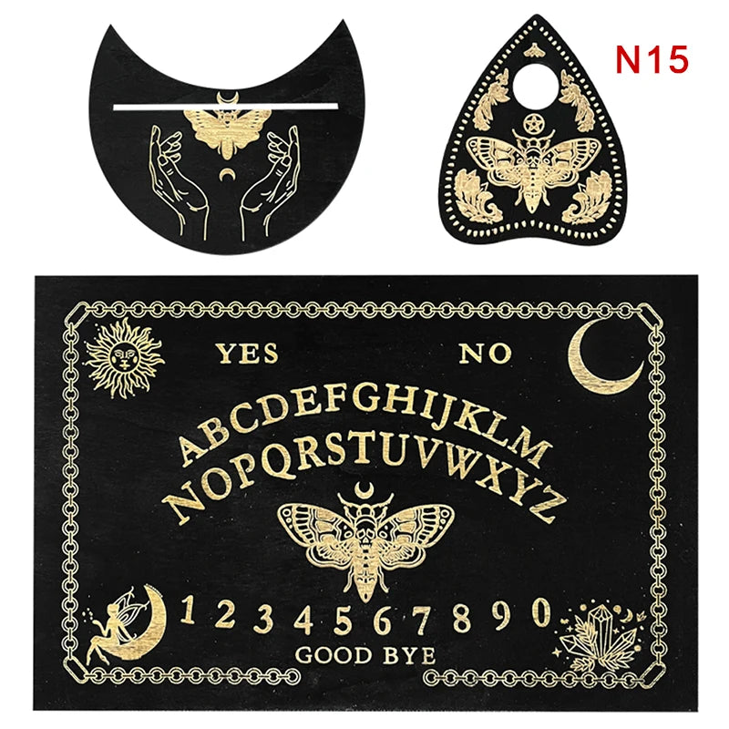 Planche Ouija en Bois de 30 cm avec Motifs Mystiques, conçue pour l'exploration spirituelle. Idéale pour les rituels et la sorcellerie moderne, cet accessoire est un incontournable pour les passionnés de métaphysique.