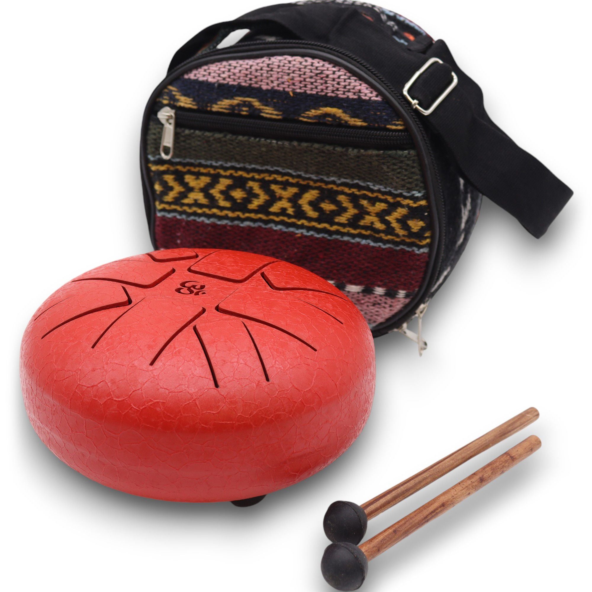 Steel Tongue Happy Drum Om rouge – 16 cm accompagné de son sac de transport et baguettes, un instrument intuitif idéal pour enrichir vos moments de méditation, de relaxation et de sonothérapie. Ce tambour langue d’acier est parfait pour ceux cherchant une connexion spirituelle.