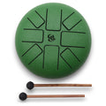 Image du Steel Tongue Happy Drum Om vert en Acier – 16 cm, un tambour en acier à languettes idéal pour la méditation et la relaxation. Cet instrument intuitif et spirituel permet de jouer des mélodies apaisantes. Avec son design vert et son symbole Om, il est parfait pour les sessions de sonothérapie. Unhappy drum, instrument intuitif, instrument méditation, instrument relaxation, steel tongue drum, tambour langue d’acier, tambour om vert.