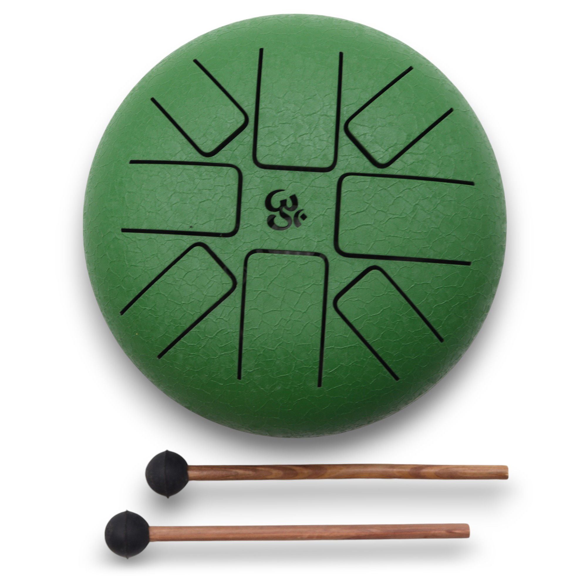 Image du Steel Tongue Happy Drum Om vert en Acier – 16 cm, un tambour en acier à languettes idéal pour la méditation et la relaxation. Cet instrument intuitif et spirituel permet de jouer des mélodies apaisantes. Avec son design vert et son symbole Om, il est parfait pour les sessions de sonothérapie. Unhappy drum, instrument intuitif, instrument méditation, instrument relaxation, steel tongue drum, tambour langue d’acier, tambour om vert.