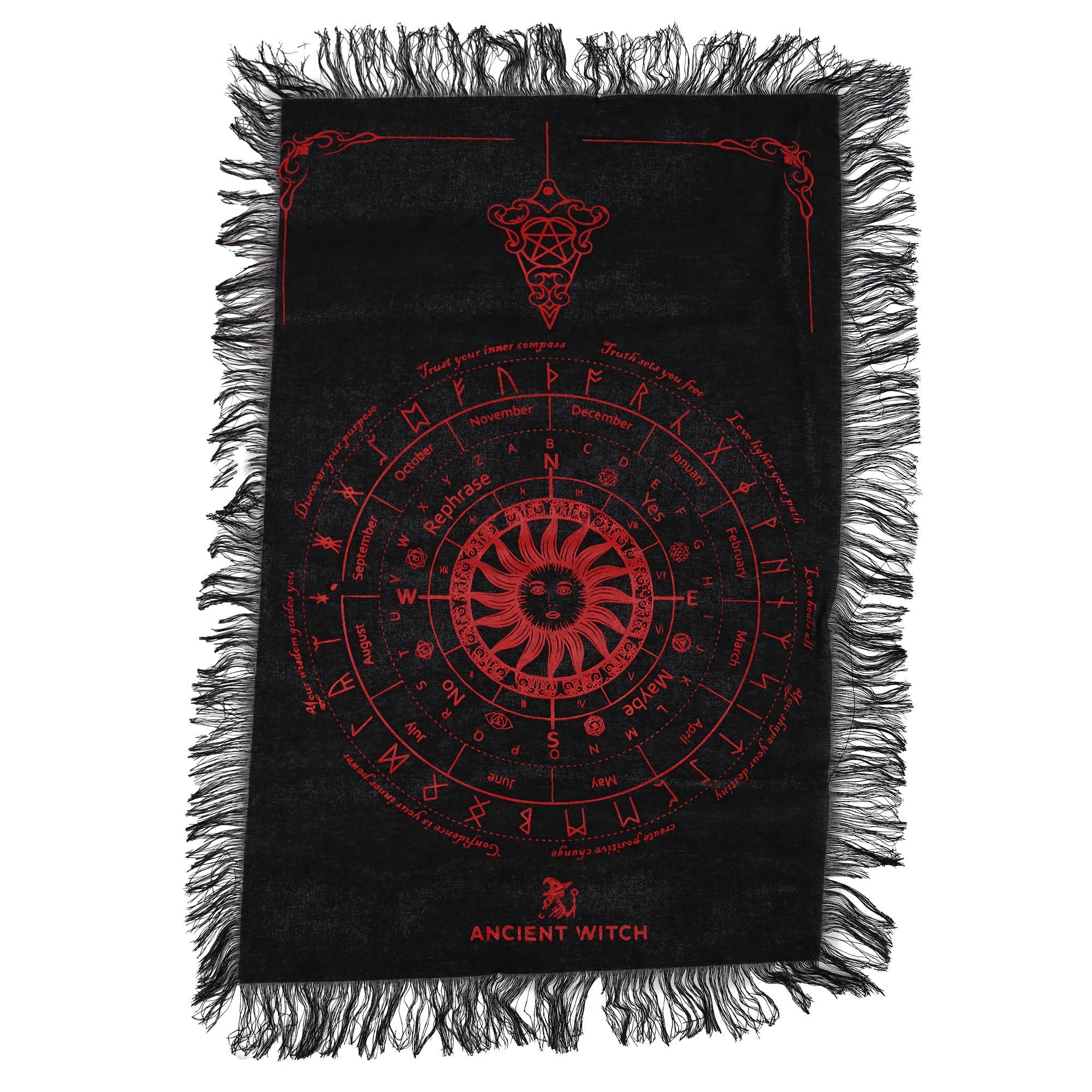Créez une atmosphère intense et rituelle avec ce tapis de divination pour pendule Visage du Soleil en noir et rouge sang. Idéal pour le pendule, le tarot, les cristaux ou l’autel, il apporte profondeur, caractère et symbolique à vos pratiques spirituelles.