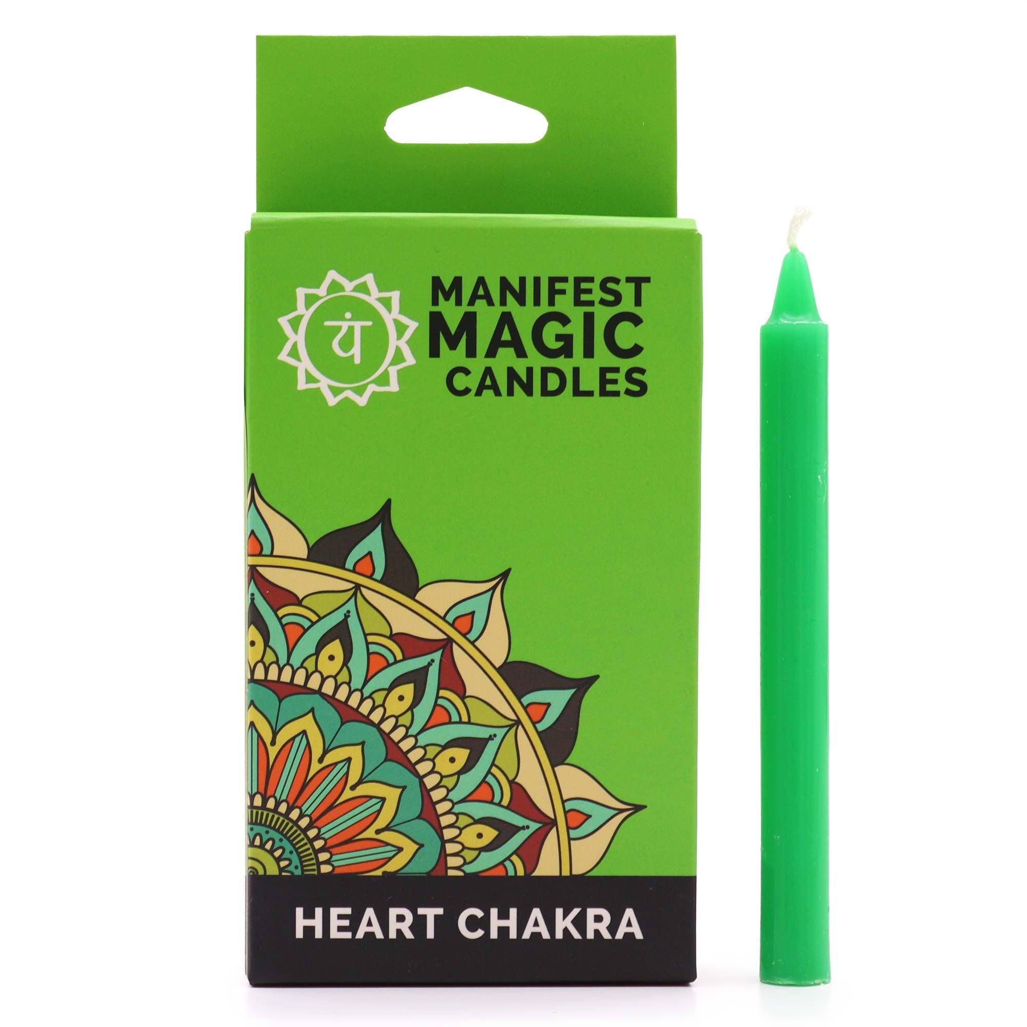 Bougies Manifest Magic vertes, lot de 12, idéales pour la méditation et le chakra du cœur.