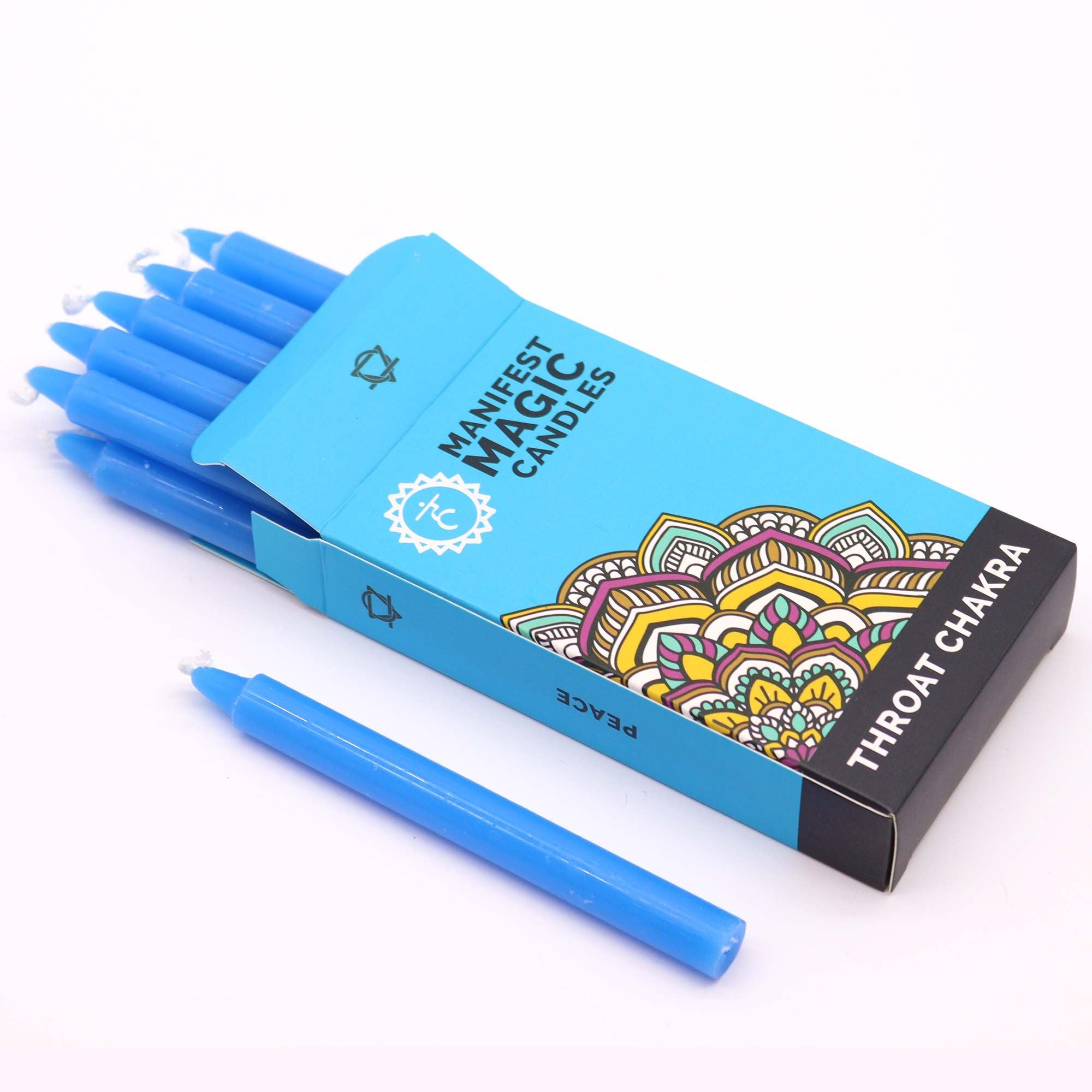 Bougies Manifest Magic (lot de 12) - Bleu - Chakra de la gorge, montrant l'emballage coloré avec plusieurs bougies spirituelles bleues à l'intérieur, conçues pour soutenir la communication et l'expression de soi, à utiliser lors de vos moments de sérénité et méditation.