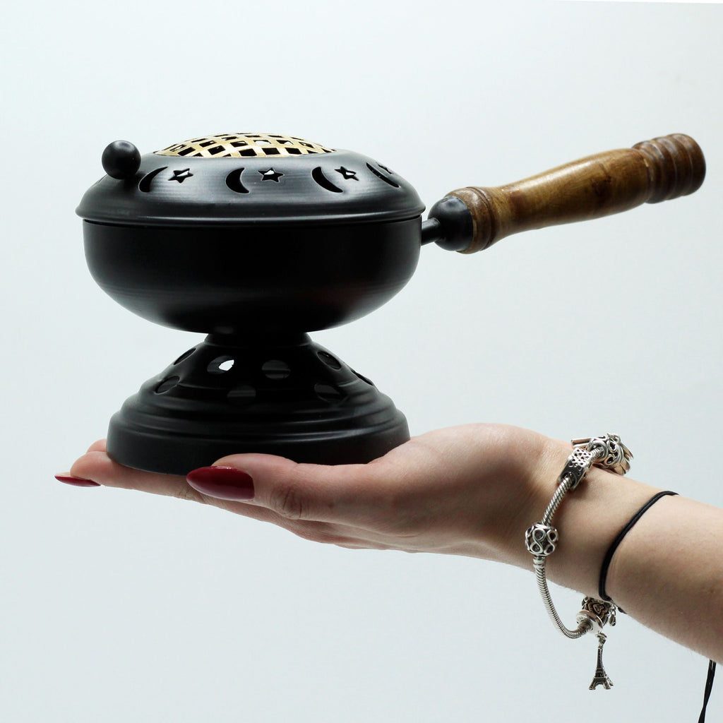 Grand brûle-encens en fer sur pied avec détail doré | Accessoire rituel