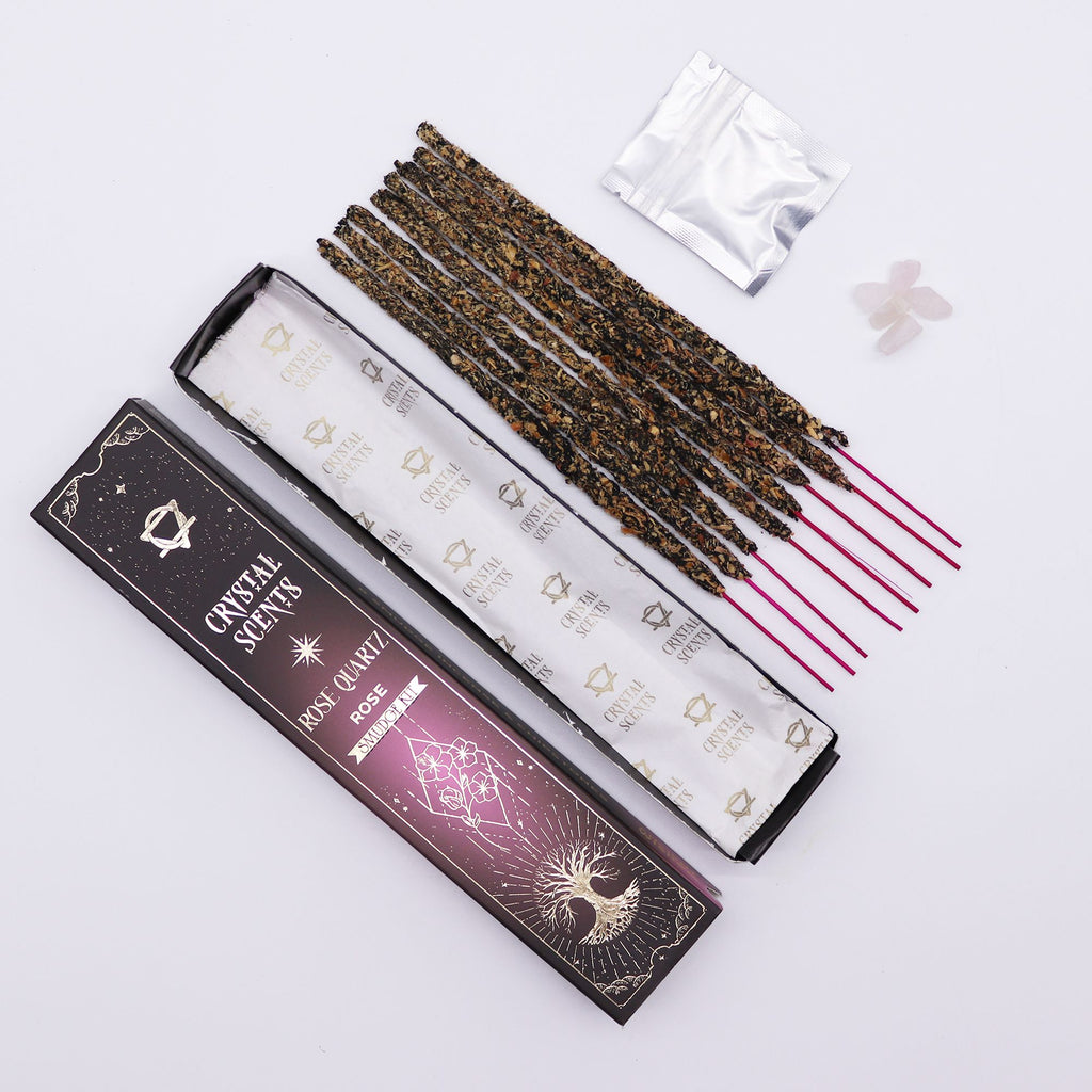 Encens Smudge Rose avec Quartz Rose – 10 bâtons 20 cm