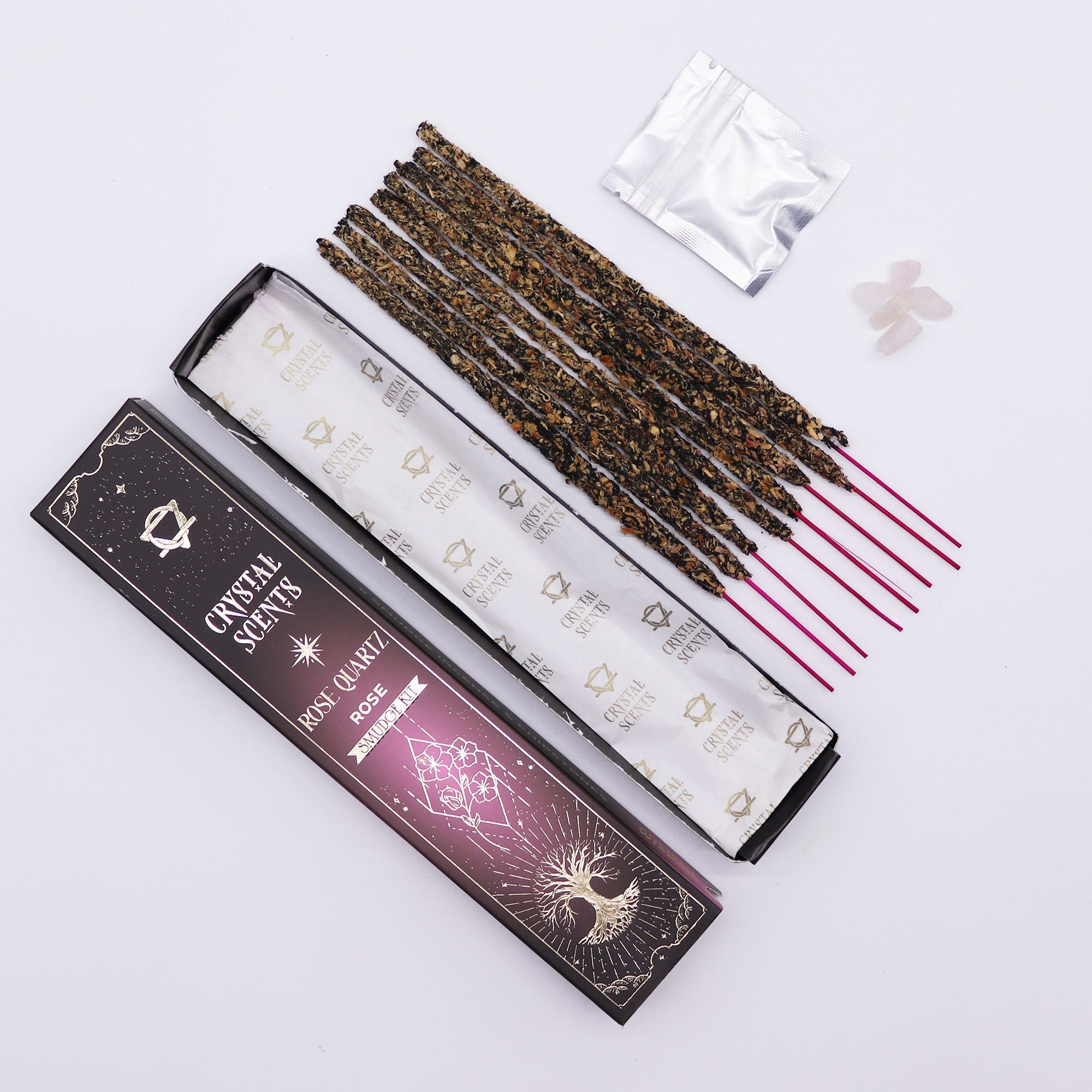 Encens Smudge Rose avec Quartz Rose – 10 bâtons 20 cm