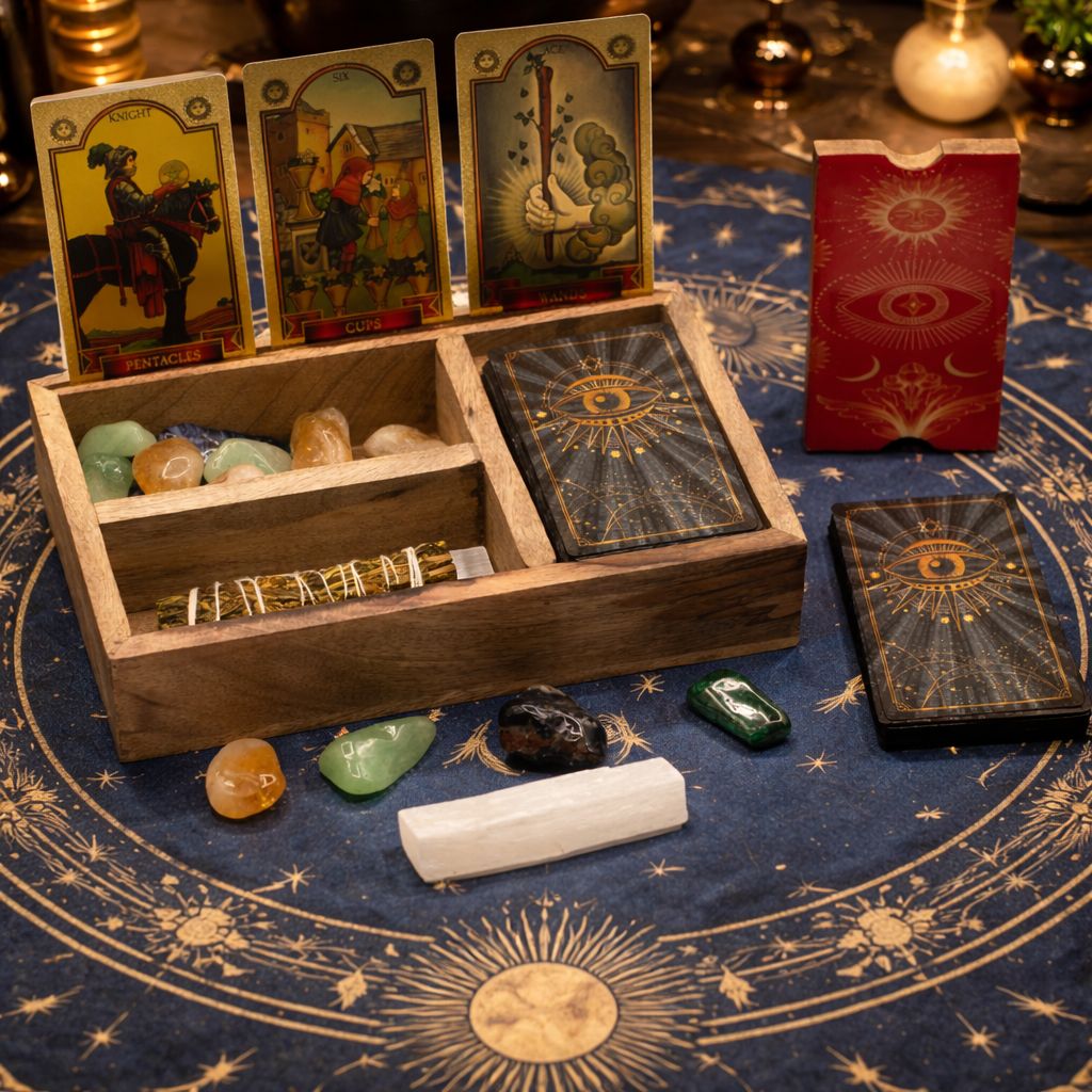 Boîte de tarot à trois compartiments avec porte-cartes