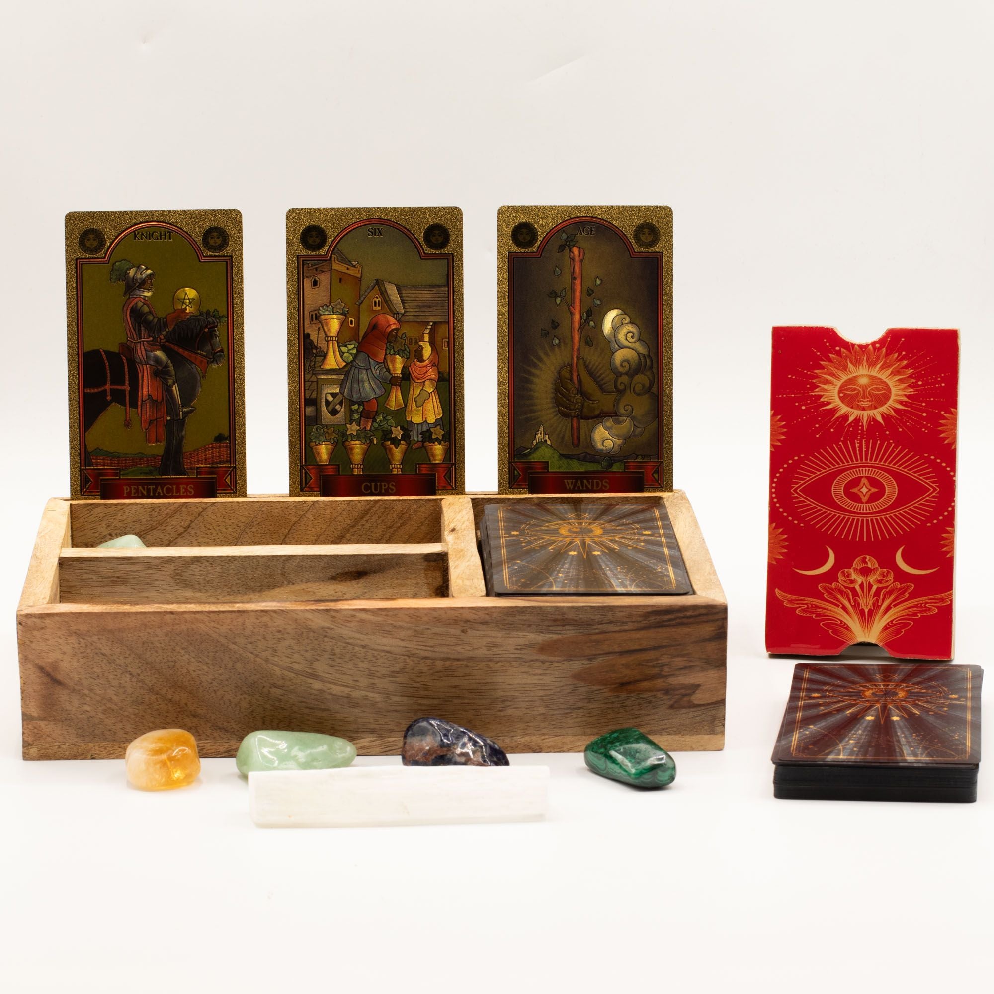 Boîte de tarot à trois compartiments avec porte-cartes