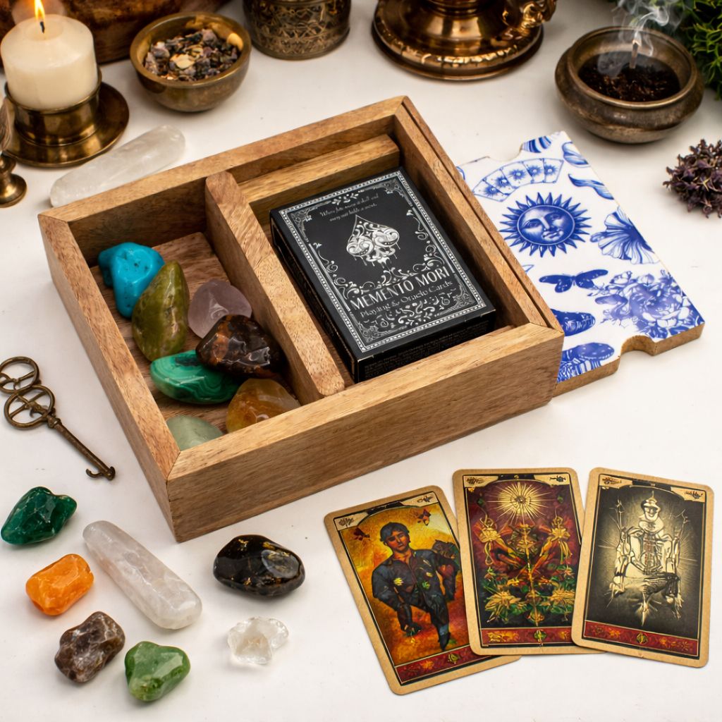 Boîte de tarot à deux compartiments avec porte-cartes